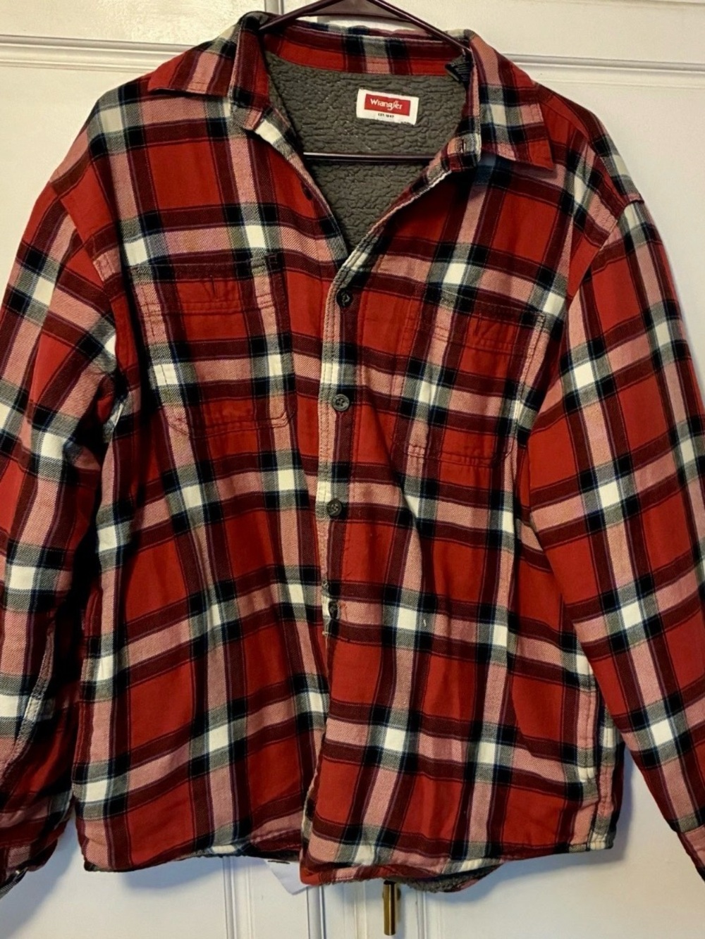 Wrangler Plaid Sherpa Lined Button Front Jacket Point Collar Pockets Red M Men